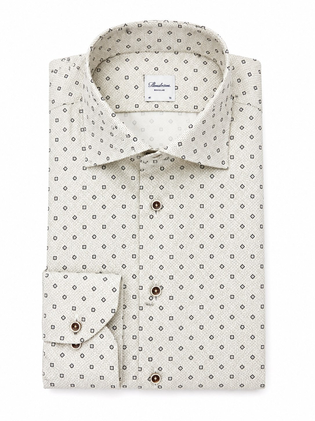 Regular Fit Cotton Shirt in Beige with Geometric Pattern