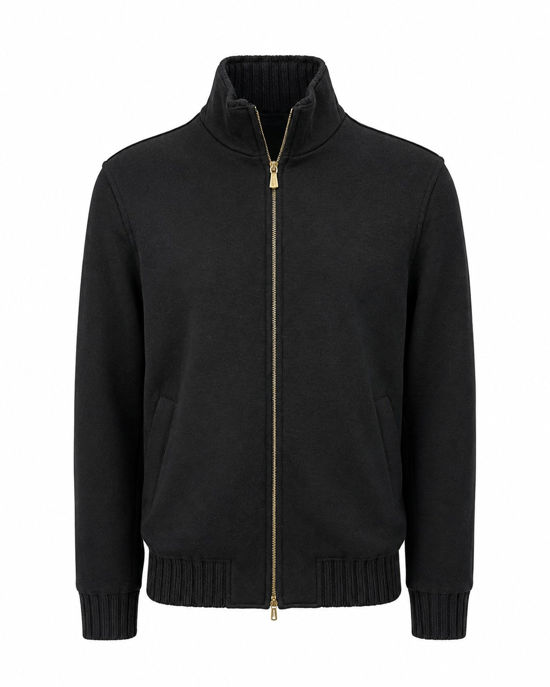Schwarze Blousonjacke mit Stehkragen und goldfarbenem Reißverschluss