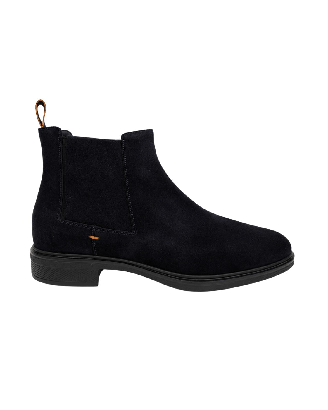 Dark blue suede Chelsea boots with a lightweight sole