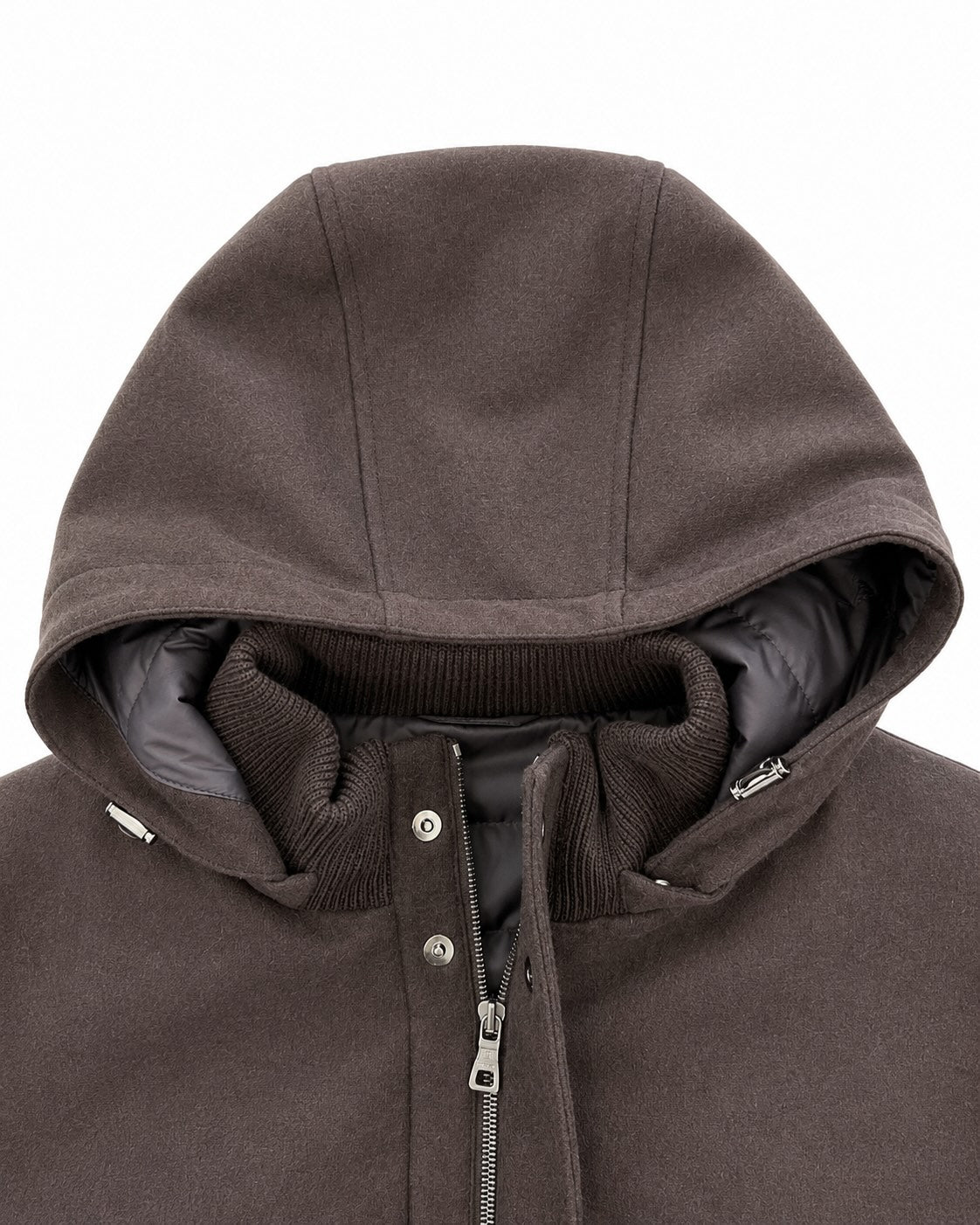 Dunkelbrauner Blouson aus Schurwolle mit Kapuze