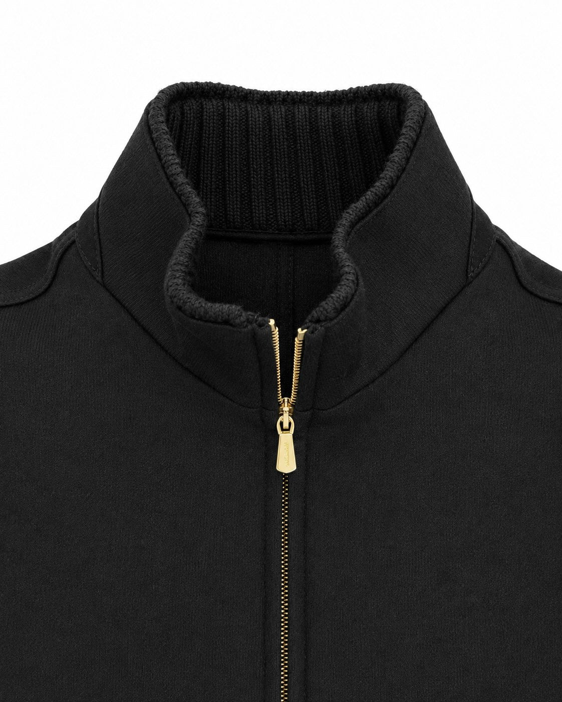 Schwarze Blousonjacke mit Stehkragen und goldfarbenem Reißverschluss