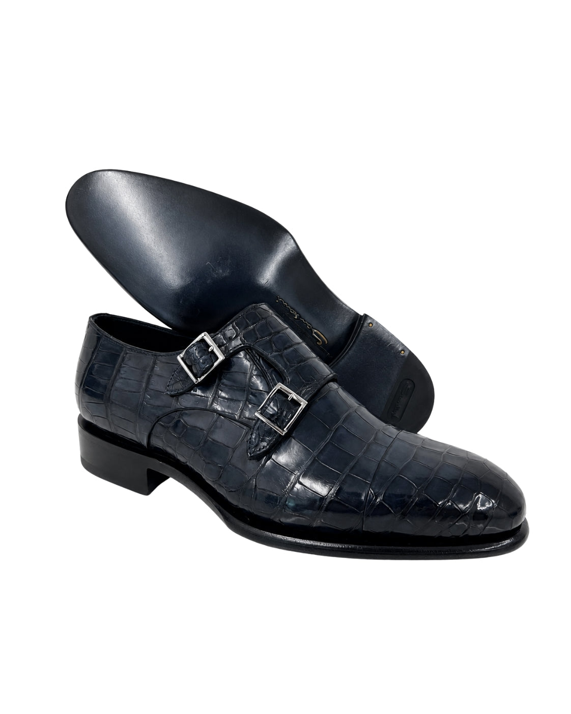 Navy Alligator Double Monk Strap Shoes