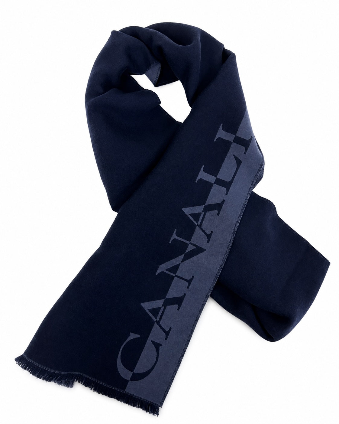 Marineblauer Wollschal mit kontrastierendem Schriftzug