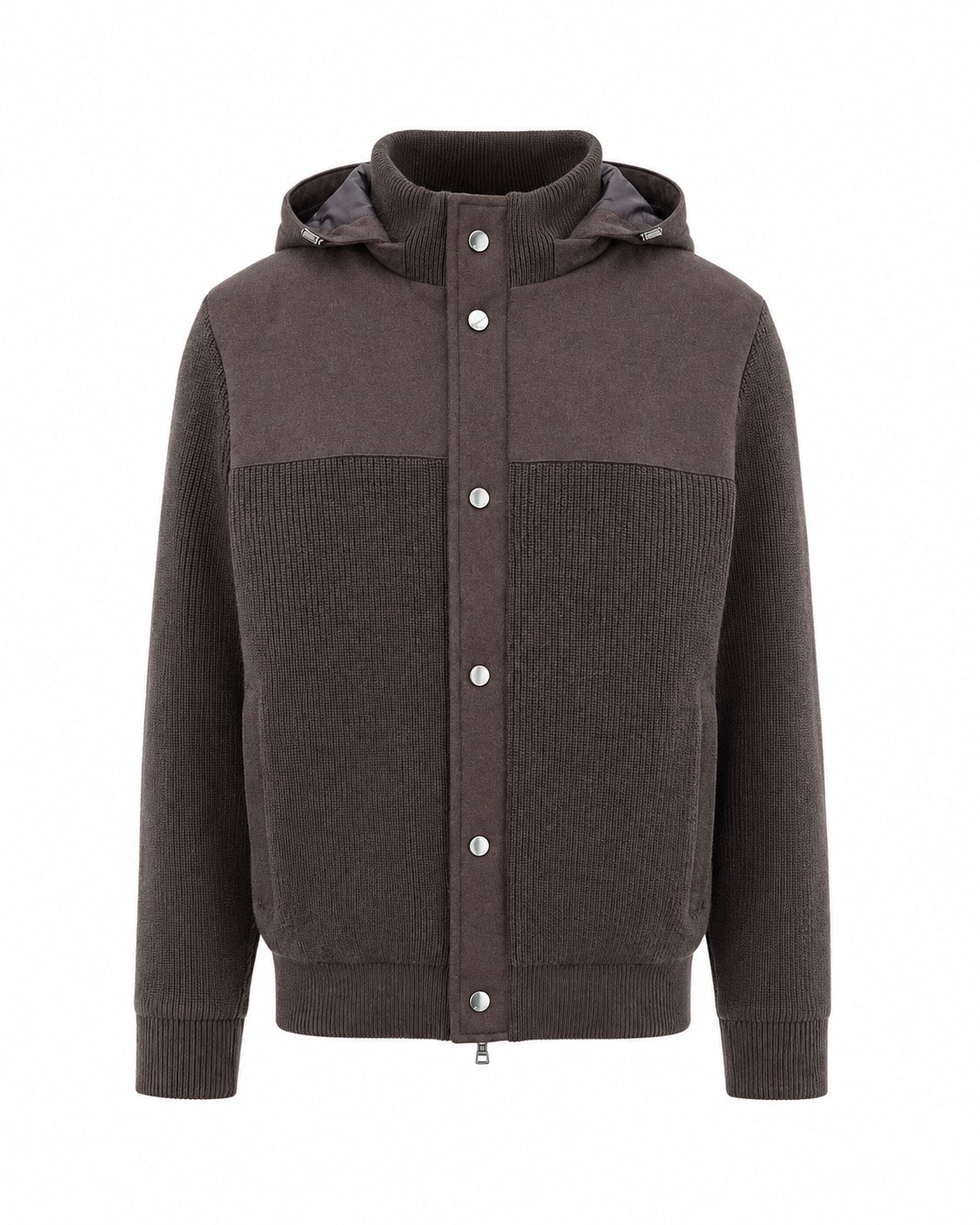 Dunkelbrauner Blouson aus Schurwolle mit Kapuze